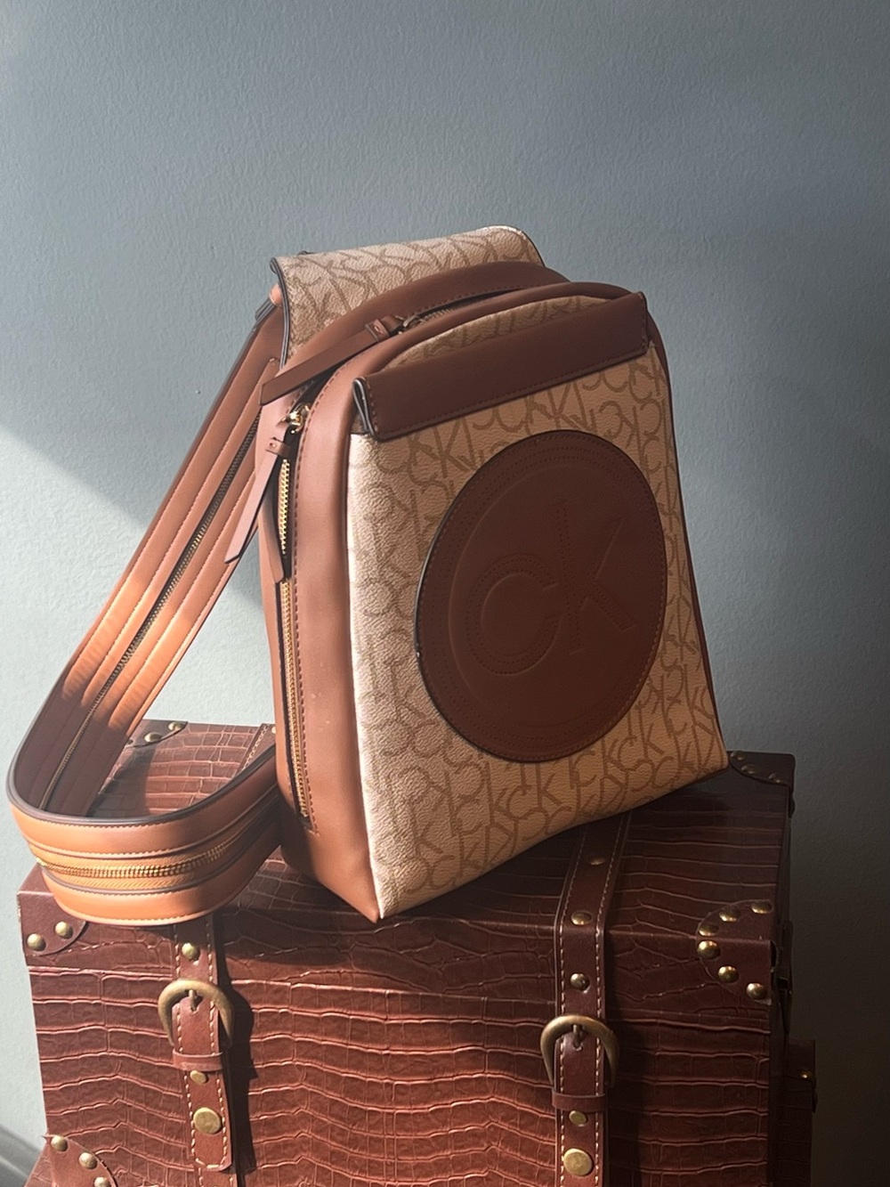 Calvin Klein Beige Monogram Backpack with Tan Leather Trim